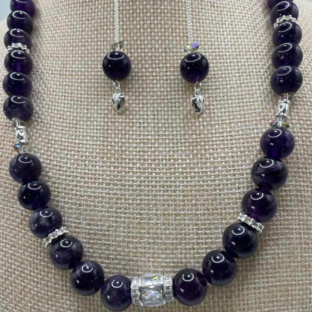 Elegant Purple Amethyst and Sterling Silver Necklace and Earring Set